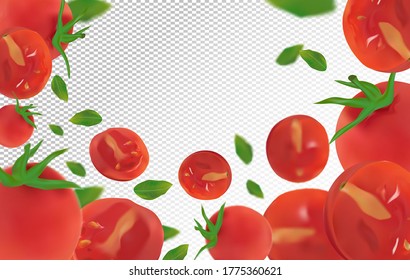Tomato background. Fresh tomato with green leaf on transparent background. Flying tomato are whole and cut in half. Falling tomato from different angles. Nature product. Vector illustration