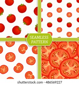 Tomato backgrounds set. Collection of seamless patterns with red tomatoes.