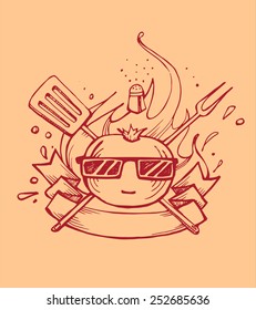 Tomato badge Hand drawn vector illustration or drawing of a tomato cartoon badge