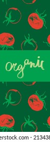 Cartel de tomate. Planilla de banner vertical vectorial de cursos de cocina. Tomates dibujando para pasta de tomate, jugo de tomate. Ilustración dibujada a mano. Fondo vegetal orgánico. El concepto de restaurante vegano.