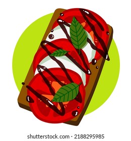 Tomato, basil, balsamic sauce and mozzarella toast with toasted bread. Healthy food. vector illustration