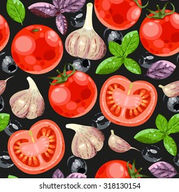 Tomato, basil and garlic vector seamless background