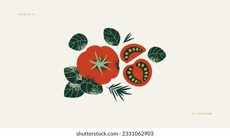 Tomate und Basilikum. Horizontale Lebensmittelzusammensetzung. Vektorgrafik