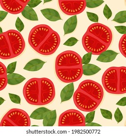Tomato and basil pattern. Summer snack. Healthy breakfast. Vector illustration isolated on white background.