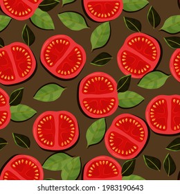 Tomato and basil pattern. Summer snack. Healthy breakfast. Vector illustration isolated on color background.