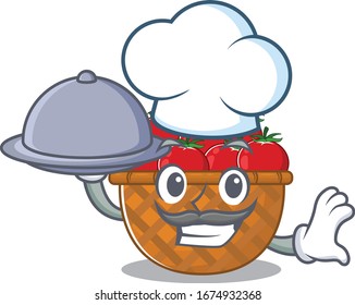 Tomato basket as a chef cartoon character with food on tray
