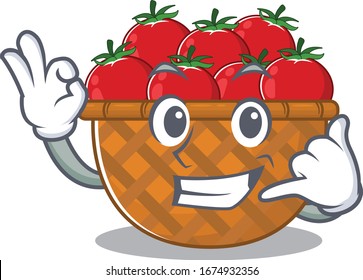 Tomato Basket Mascot Cartoon Design Showing Call Me Gesture