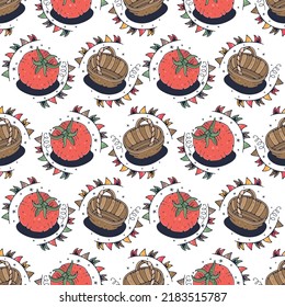 Tomate y cesta. Patrón sin brillo en un fondo blanco. Ilustración vectorial de corte.