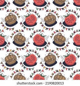 Tomato and Basket. Seamless pattern on a white background. Cute vector illustration.