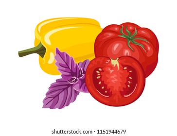 Tomato, baspal, basil isolated on white background. Vector illustration of fresh vegetables in a flat style. Icon, banner, card.