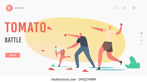 Tomato Battle, Holiday Landing Page Template. Spain Traditional Harvest La Tomatina Festival Celebration Concept, Happy Characters Throw Vegetable to Eath Other. Cartoon People Vector Illustration