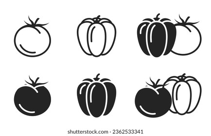 conjunto de iconos de tomate y pimienta. vegetales, agricultura, alimentación orgánica y símbolos agrícolas. imágenes vectoriales aisladas