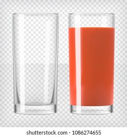 Tomato or berries juice and an epmpty glass. Fruit organic drink. Healthy diet. Clean eating. Tall glass with beverage. Transparent photo realistic vector illustration.