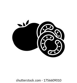 Tomato black glyph icon. Ketchup sauce recipe. Fresh vegetable and nourishment. Nutrient food with vitamin. Vegan salad ingredient. Silhouette symbol on white space. Vector isolated illustration