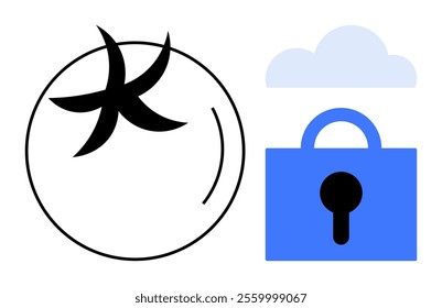 Tomato with a black star pattern and keyhole indicating security with a blue lock below a cloud. Ideal for agriculture, food safety, cybersecurity, cloud technology, and modern farming. Simplified