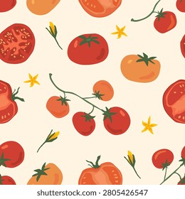 Tomato blossom seamless pattern with ripe tomatoes, cherry tomato vine and yellow flowers, Italian vegetable repeat background for fabric, kitchen textile, wallpaper and food packaging design