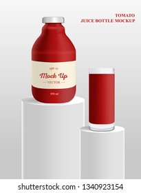 Tomato bottle juice mockup. Generic Red Container with  Sticker for Liquids Like Oil or Drinks. Vector illustration.