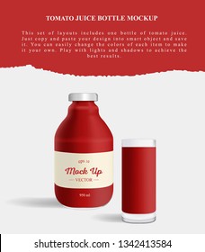 Tomato bottle juice mockup. Generic Red Container with  Sticker for Liquids Like Oil or Drinks. Vector illustration.