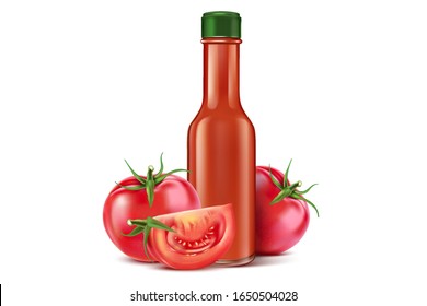 La salsa de botellas de tomate se burla aislada en fondo blanco, Vector realista en la ilustración 3D.