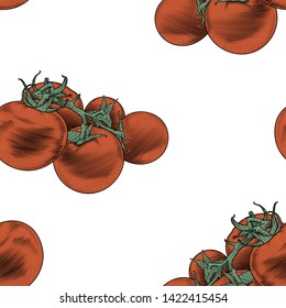 Tomato branch seamless pattern. Colorful vector illustration of tomato in engraving technique isolated on white background.