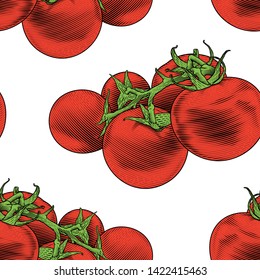 Tomato branch seamless pattern. Colorful vector illustration of tomato in engraving technique isolated on white background.