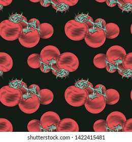 Tomato branch seamless pattern. Colorful vector illustration of tomato in engraving technique isolated on black background.