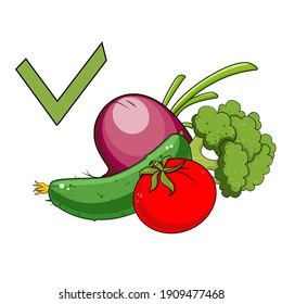 Tomate, Brokkoli, Rüben und Gurken, Logo für gesunde Lebensweise, Vektorgrafik auf weißem Hintergrund