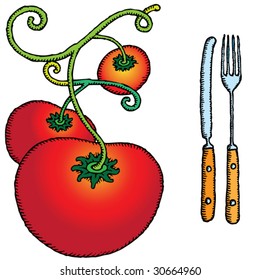 tomato bunch with cutlery