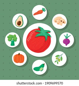 tomato and bundle of eight vegetables healthy food icons vector illustration design