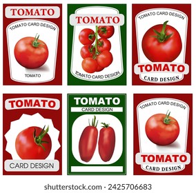 Tomato card design. Tomato label. Retro sticker of natural product tomatoes. Realistic image of vegetables. Vector illustration