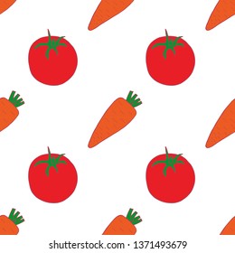 Tomato and carrot seamless pattern for wallpaper design. Fresh ripe color food. Organic healthy vegetable.  Raw, vegan, vegetarian food. Cartoon pattern on white backdrop. Vector doodle design. 