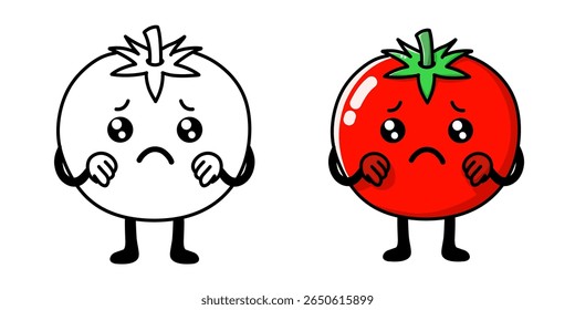 tomato cartoon character about to cry complete with sketch, tomato icon, tomato logo, perfect for sticker or emot.