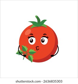 Tomato cartoon character with eyelashes and parsley in flat style for sticker, isolated on white background