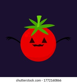 tomato cartoon character Ghost for Halloween with cut triangular eyes and claws red round object on a dark background concept of the autumn holiday and mysticism