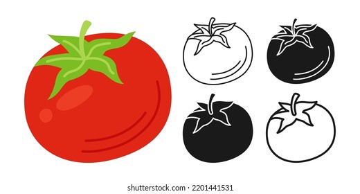 Tomato cartoon linear symbol set, doodle style, engraving silhouette. Fresh tomatoes vegetable icon, organic healthy food design. Harvest agricultural vegetarian kitchen, farm market product vector