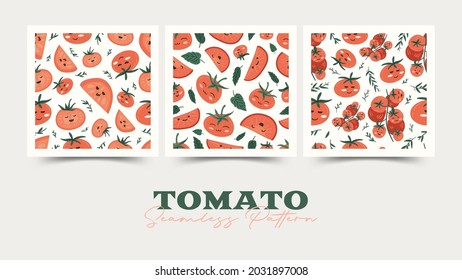 Tomato cartoon seamless pattern set. Isolated on a white background. Cute character design. Vector Illustration.