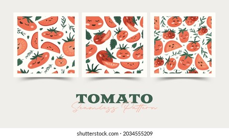 Tomato cartoon seamless pattern set. Isolated on a white background. Cute character design. Vector Illustration.