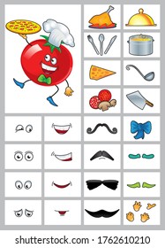 Tomato сhef character design set with various views, face emotions. Cartoon style.