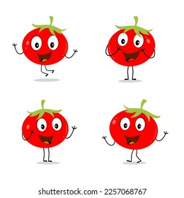 Tomatenfigur-Design. Tomatenvektor. Cartoon Maskotttomate lächeln. Tomate auf weißem Hintergrund.