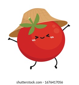 Tomato character design. Tomato vector. Tomato on white background. Peasant hat vector.