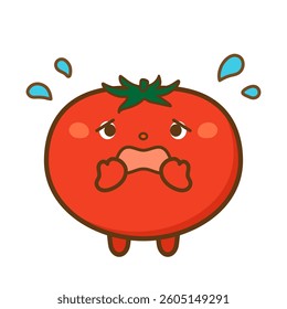 A tomato character in a panic with hands over mouth. Great for nervous or trouble-related scenes.