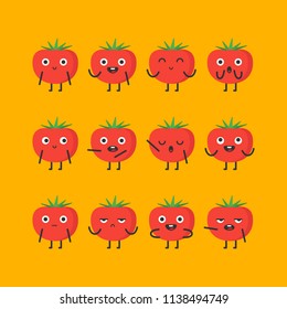 Tomato character set different options and emotions. Vector Illustration.