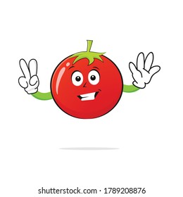 The Tomato character smiles with two fingers up on the white background - vector