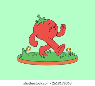 Tomato character striding across a grassy platform with flowers cartoon vector illustration hand drawn  for themes related to health, wellness, motivation