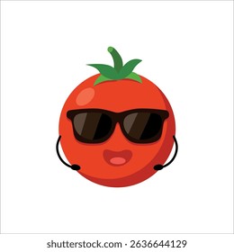 Tomato character in sunglasses with hands — flat cartoon red vegetable illustration isolated on white for kids design, food emoji, sticker, summer fun project