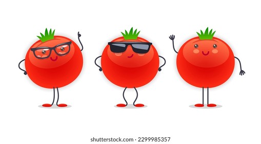 Carácter de tomate con diversas expresiones faciales. Ilustración vectorial de verduras graciosas y lindas de dibujos animados aisladas en fondo blanco. Colección de mascotas.