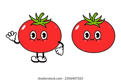 Carácter de tomate. Dibujo a mano del vector tradicional de caricatura vintage, retro, kawaii icono de ilustración del personaje. Aislado sobre fondo blanco. Concepto de personaje de tomate