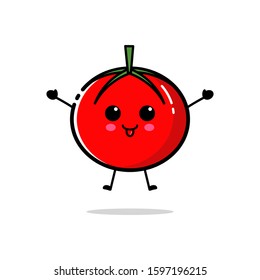Tomato character who is jumping while raising both hands with a cute expression