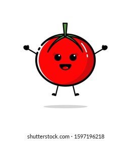Tomato character who is jumping while raising both hands with a cute expression