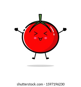 Tomato character who is jumping while raising both hands with a cute expression